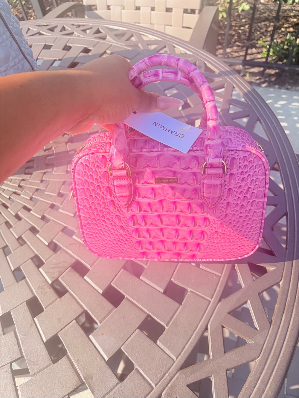 Brahmin Hot Pink Croc-Embossed Top Handle Satchel - Picture 4 of 5